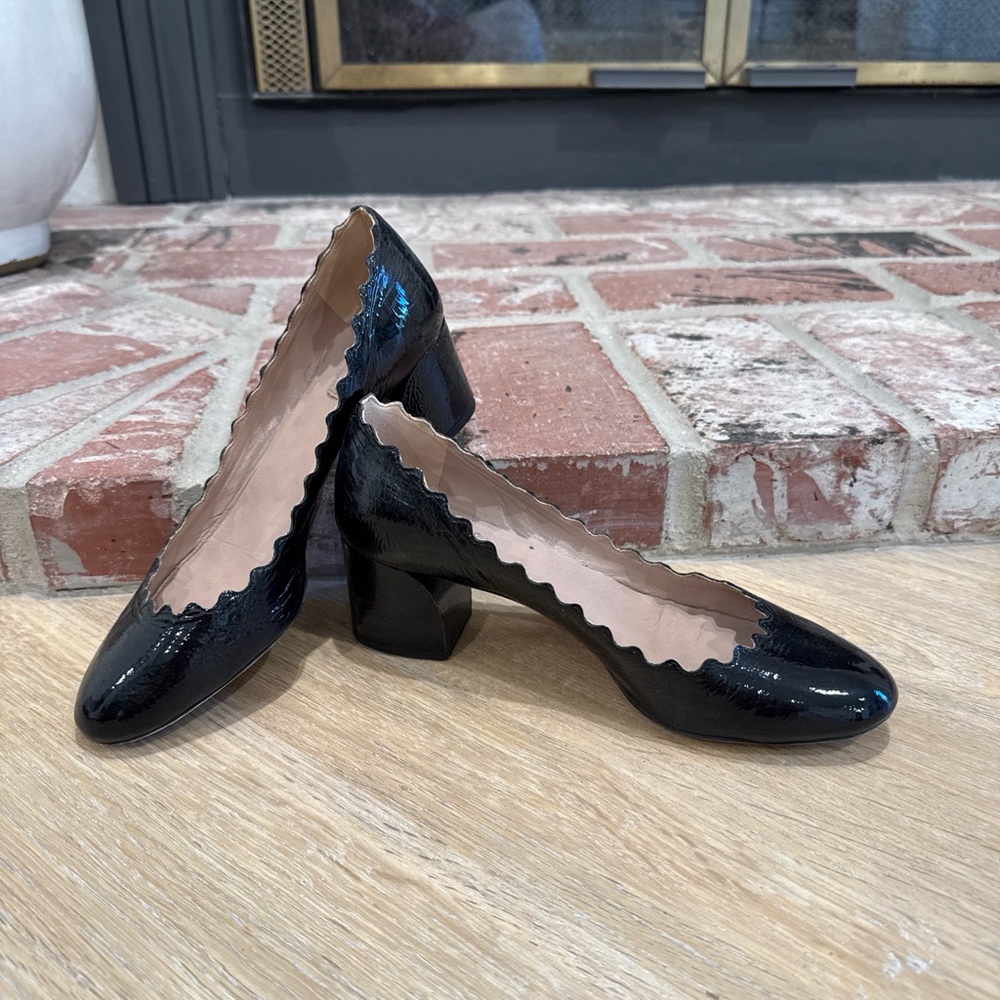 Chloe Chic Black Women's Patent Leather Block Heel Shoes Sz 35